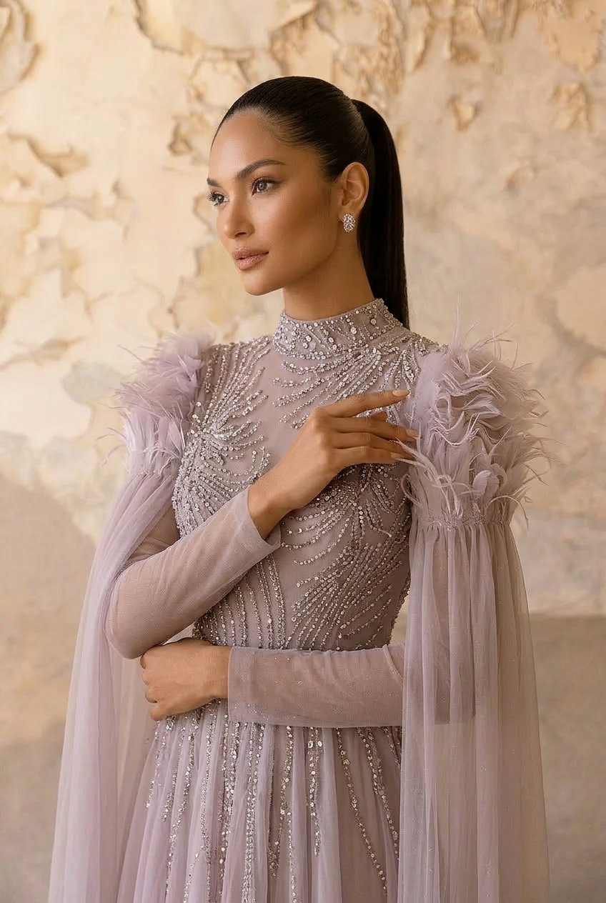 Rose Pink Sequin Evening Gown - Sequin and Feather Dress – Embellished Gown with Feather Shoulders Plus Size