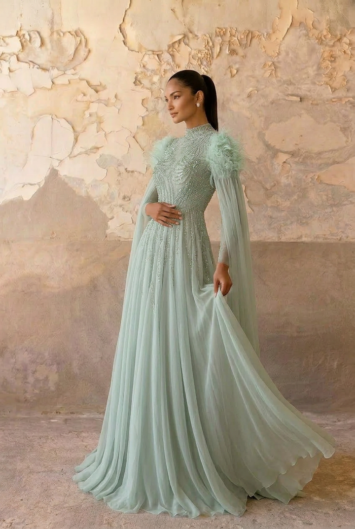 Rose Pink Sequin Evening Gown - Sequin and Feather Dress – Embellished Gown with Feather Shoulders Plus Size