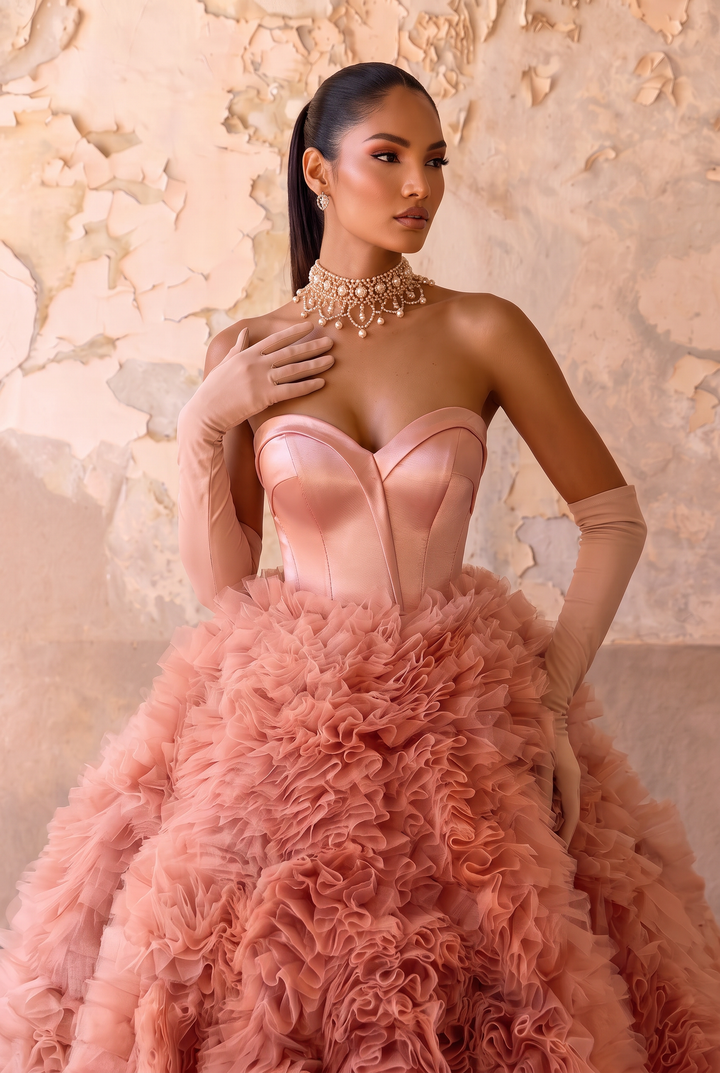 Rosa Tüll-Ballkleid und Tüll-Partykleid – trägerloses Abendkleid mit Korsettrücken in Übergröße 