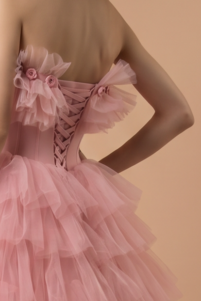 Rose Pink Tulle Evening Dress - Pink Tulle Party Dress with Floral Appliqué Plus Size