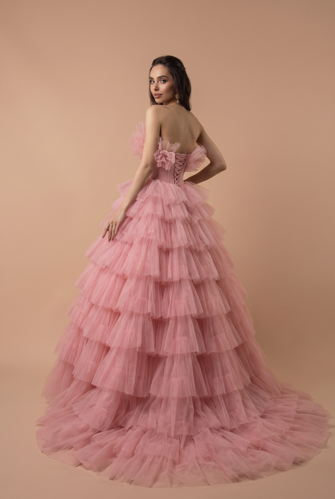 Rose Pink Tulle Evening Dress - Pink Tulle Party Dress with Floral Appliqué Plus Size