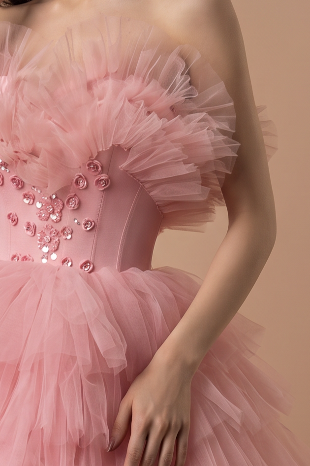 Rose Pink Tulle Evening Dress - Pink Tulle Party Dress with Floral Appliqué Plus Size