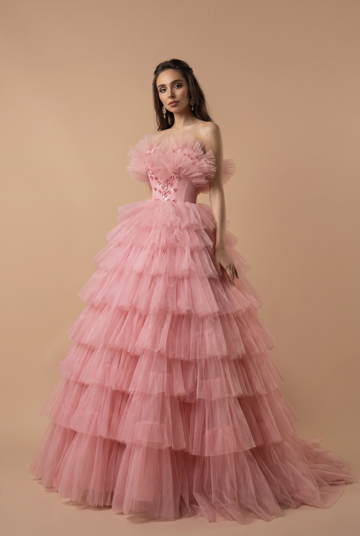 Rose Pink Tulle Evening Dress - Pink Tulle Party Dress with Floral Appliqué Plus Size