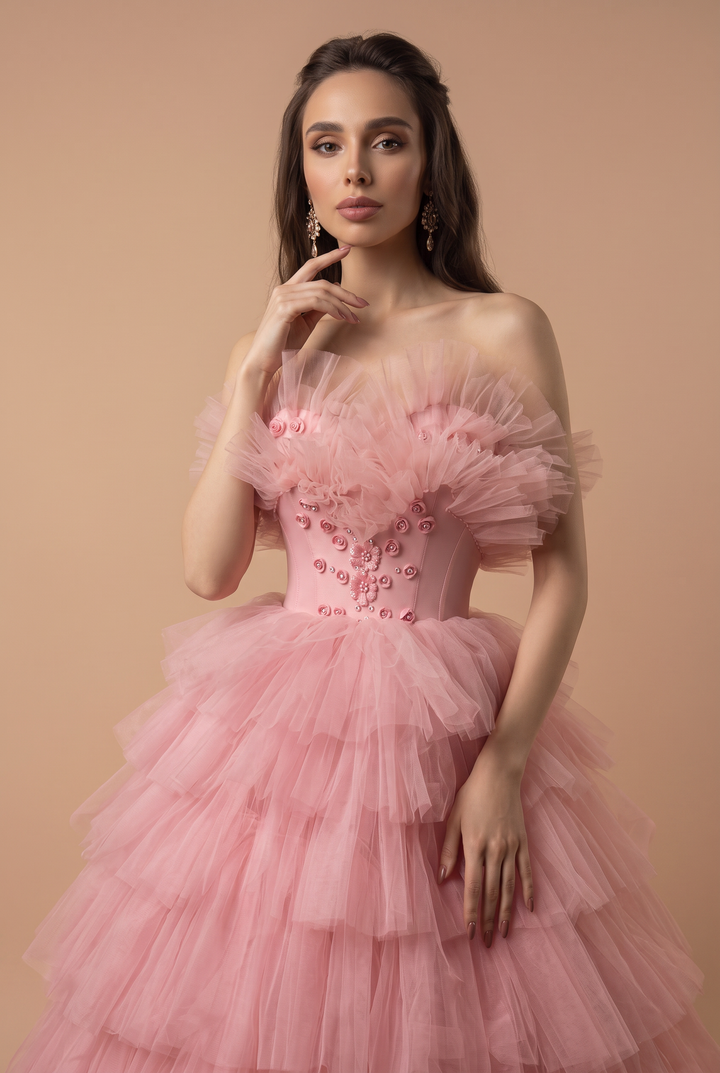 Rose Pink Tulle Evening Dress - Pink Tulle Party Dress with Floral Appliqué Plus Size