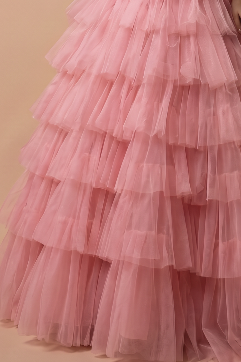 Rose Pink Tulle Evening Dress - Pink Tulle Party Dress with Floral Appliqué Plus Size