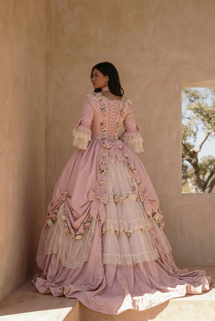 Rose de Versailles – Pink Rococo Ball Gown Marie Antoinette Dress Floral Baroque Fairy Princess Gown Plus Size Size 16 / Pink / With Choker