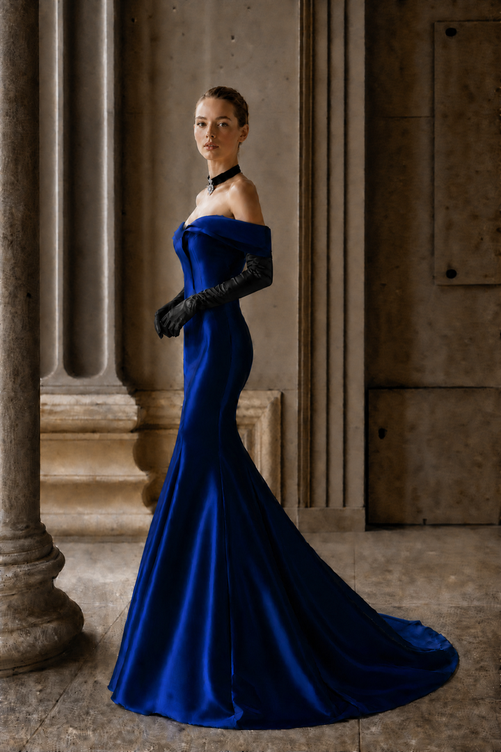 Royal Blue Satin Mermaid Gown with Sculpted Off Shoulder Corset Bodice Luxury Regal Evening Dress Couture Formal Gown Plus Size