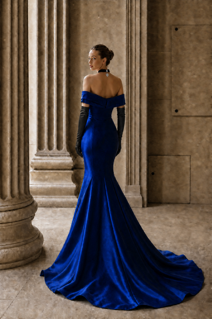 Royal Blue Satin Mermaid Gown with Sculpted Off Shoulder Corset Bodice Luxury Regal Evening Dress Couture Formal Gown Plus Size