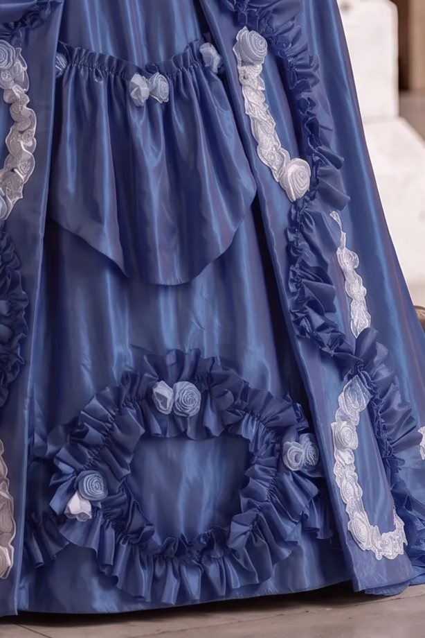 Royal Blue Rococo Ball Gown with Floral Lace and Ruffled Detailing – Victorian-Inspired Wedding Dress with Long Sleeves Plus Size