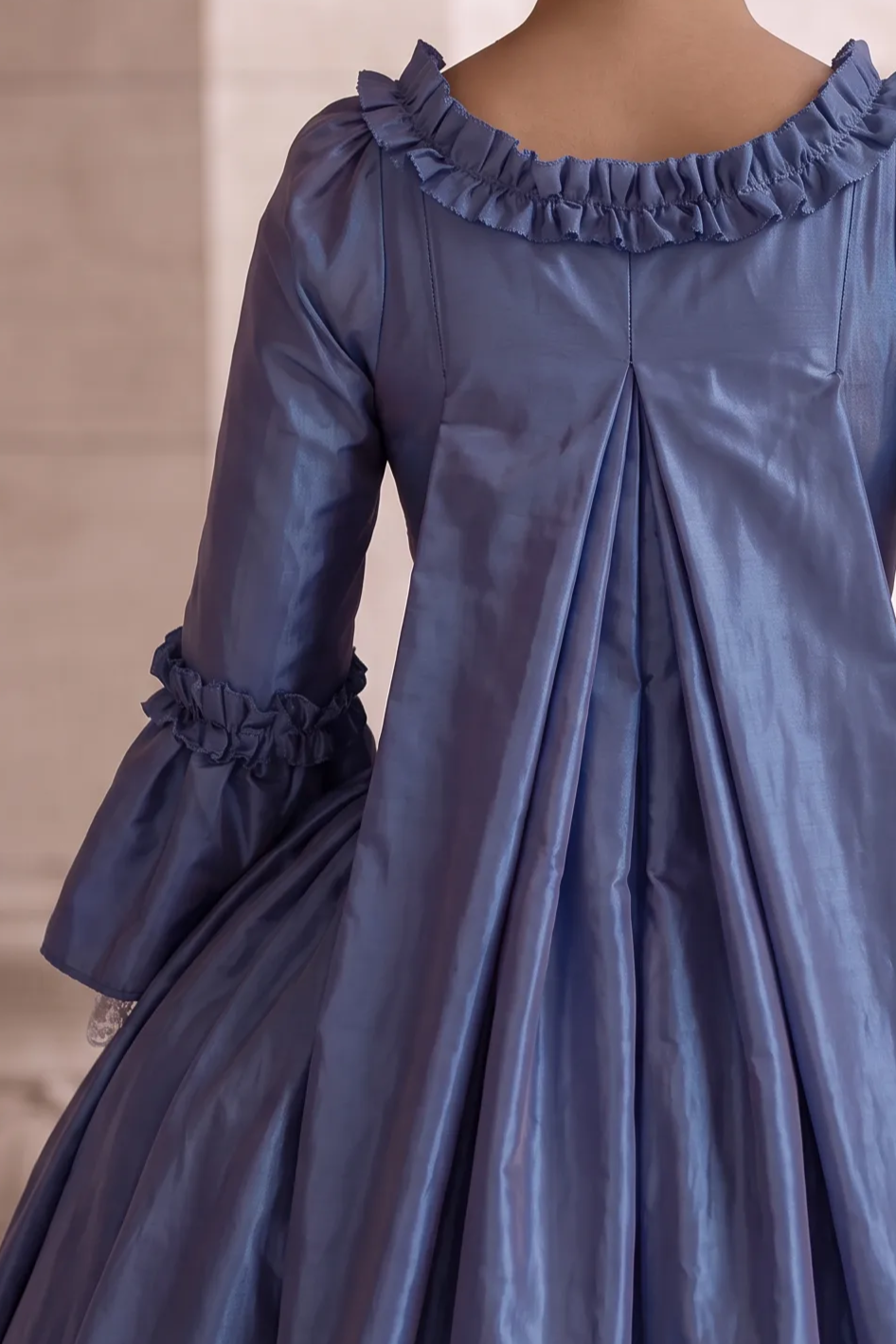 Royal Blue Rococo Ball Gown with Floral Lace and Ruffled Detailing – Victorian-Inspired Wedding Dress with Long Sleeves Plus Size