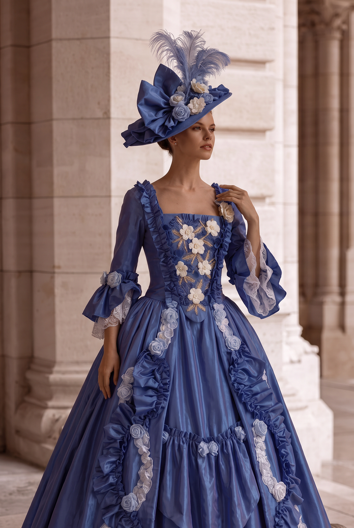 Royal Blue Rococo Ball Gown with Floral Lace and Ruffled Detailing – Victorian-Inspired Wedding Dress with Long Sleeves Plus Size