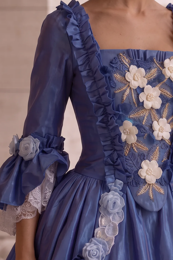 Royal Blue Rococo Ball Gown with Floral Lace and Ruffled Detailing – Victorian-Inspired Wedding Dress with Long Sleeves Plus Size