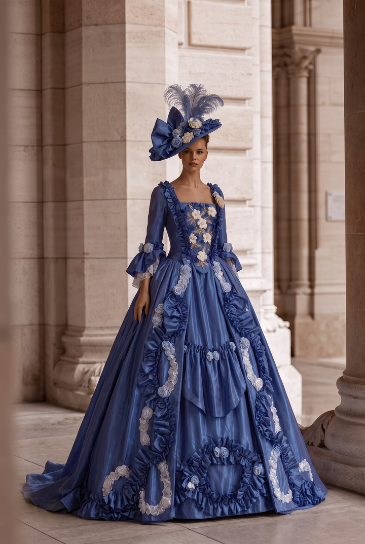 Royal Blue Rococo Ball Gown with Floral Lace and Ruffled Detailing – Victorian-Inspired Wedding Dress with Long Sleeves Plus Size