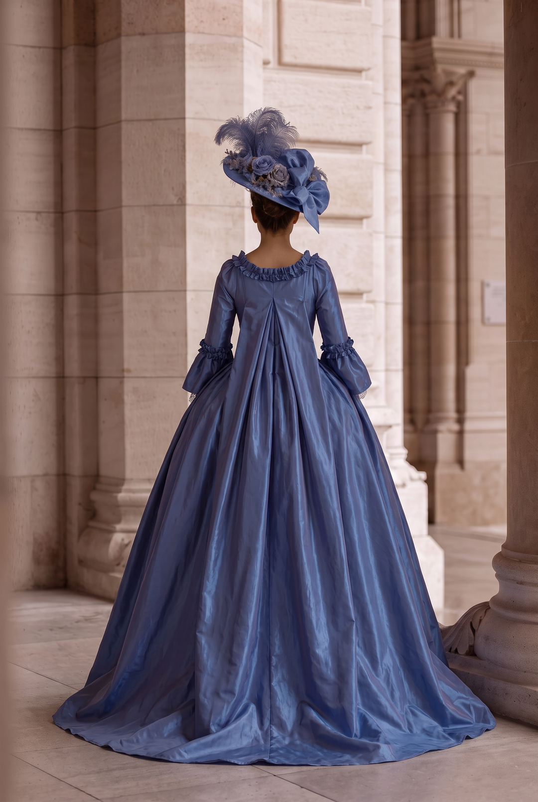 Royal Blue Rococo Ball Gown with Floral Lace and Ruffled Detailing – Victorian-Inspired Wedding Dress with Long Sleeves Plus Size