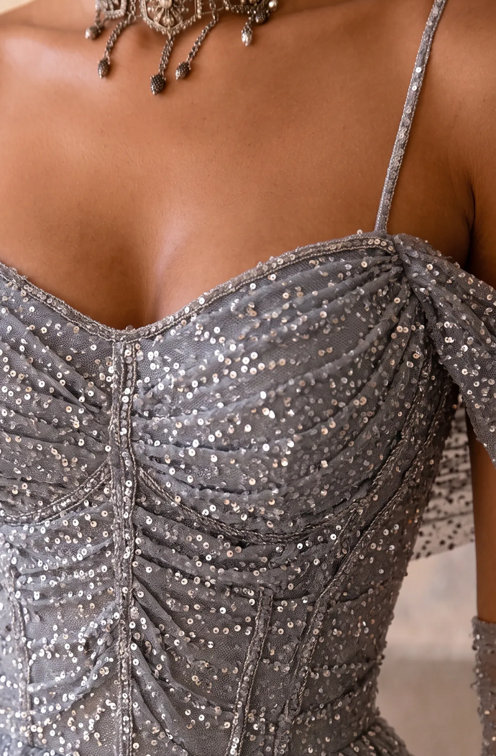 Silver Glitter Off-the-Shoulder Evening Gown - Plus Size