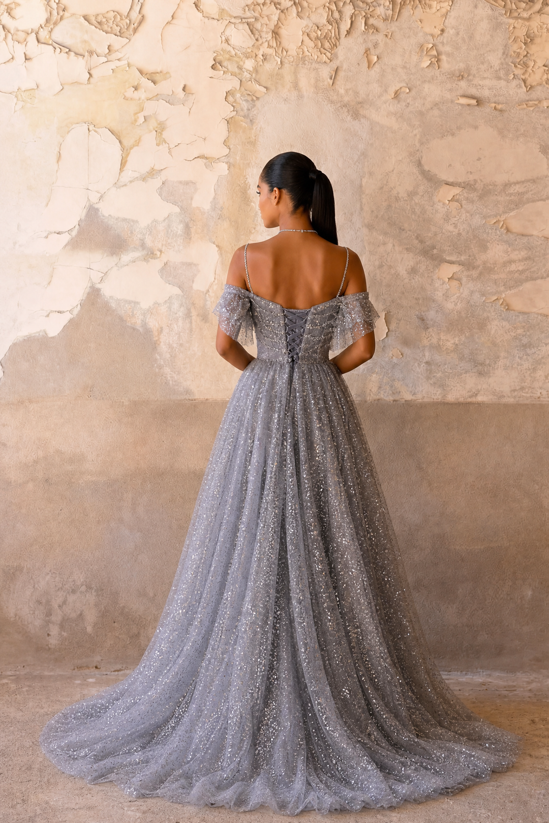 Silver Glitter Off-the-Shoulder Evening Gown - Plus Size