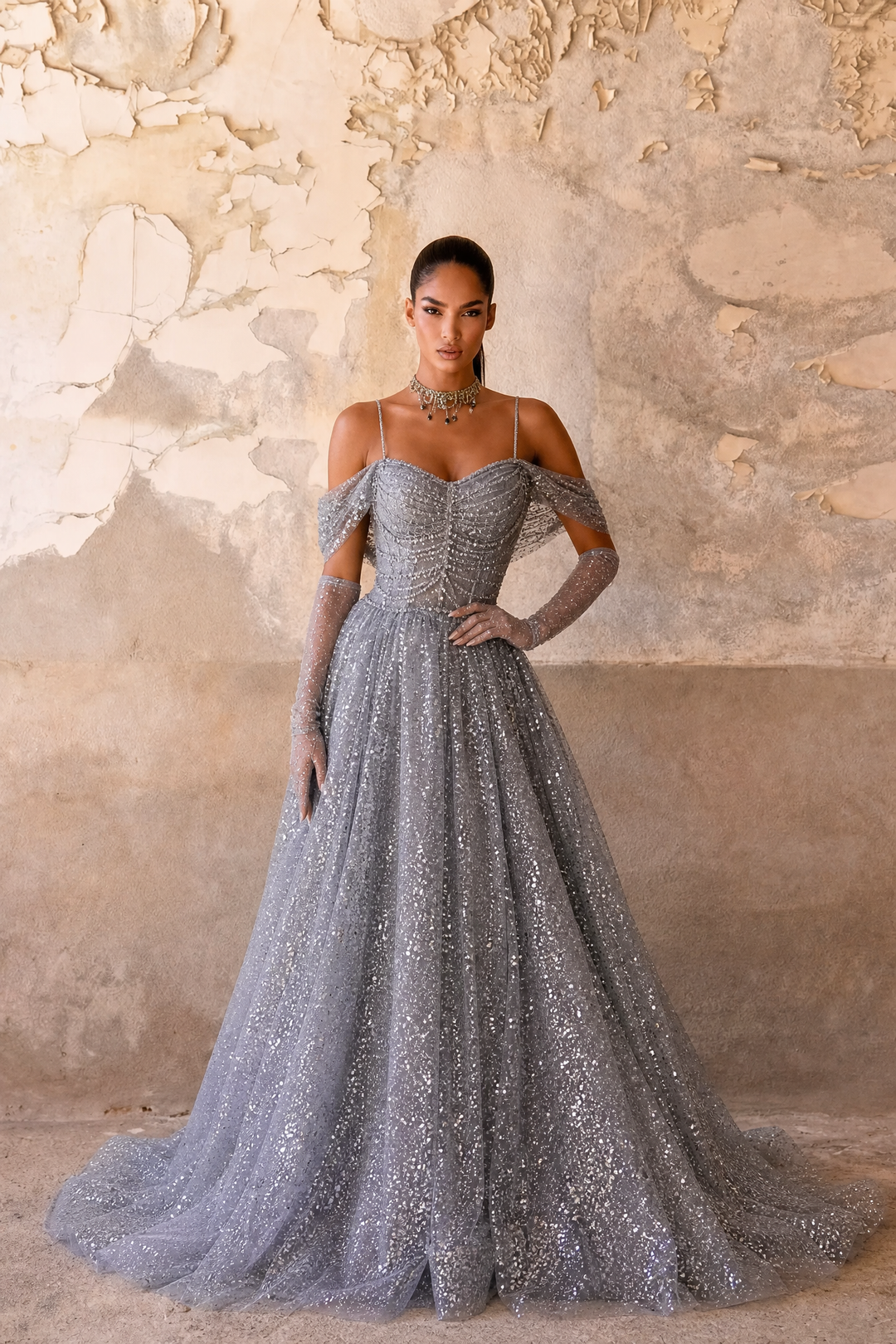 Silver Glitter Off-the-Shoulder Evening Gown