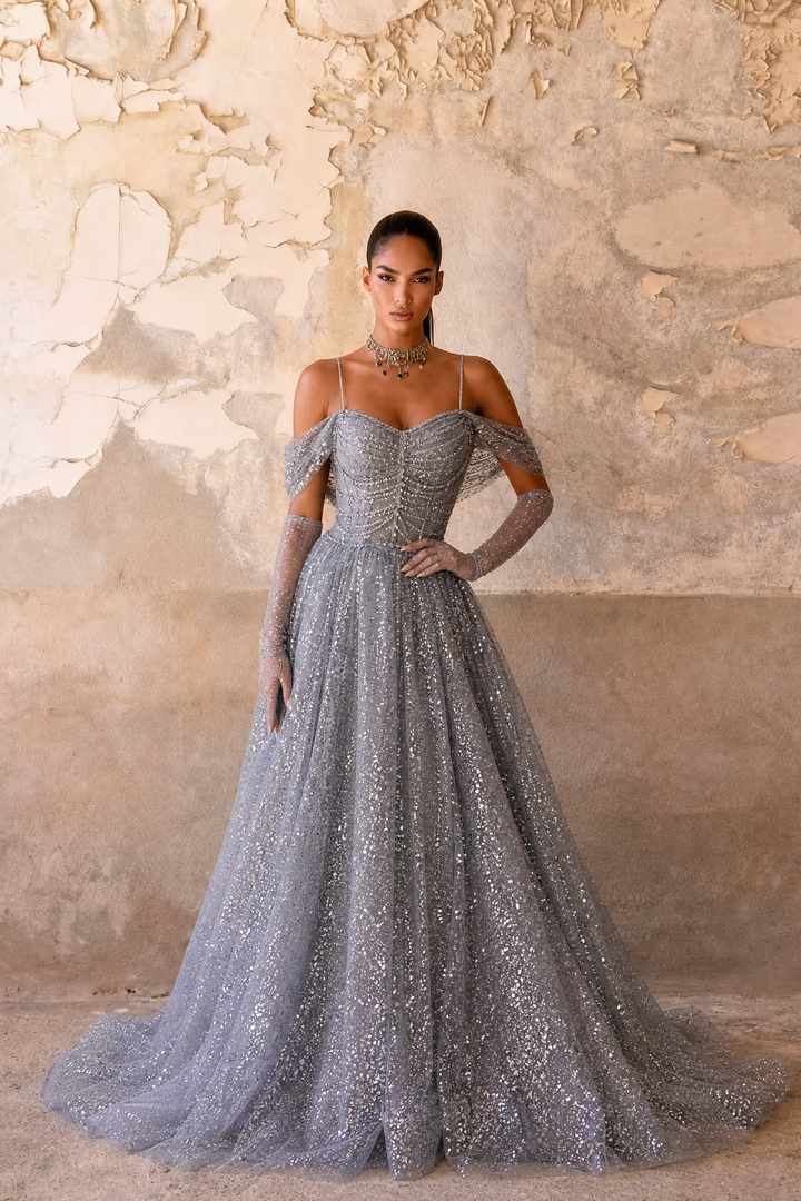 Silver Glitter Off-the-Shoulder Evening Gown - Plus Size