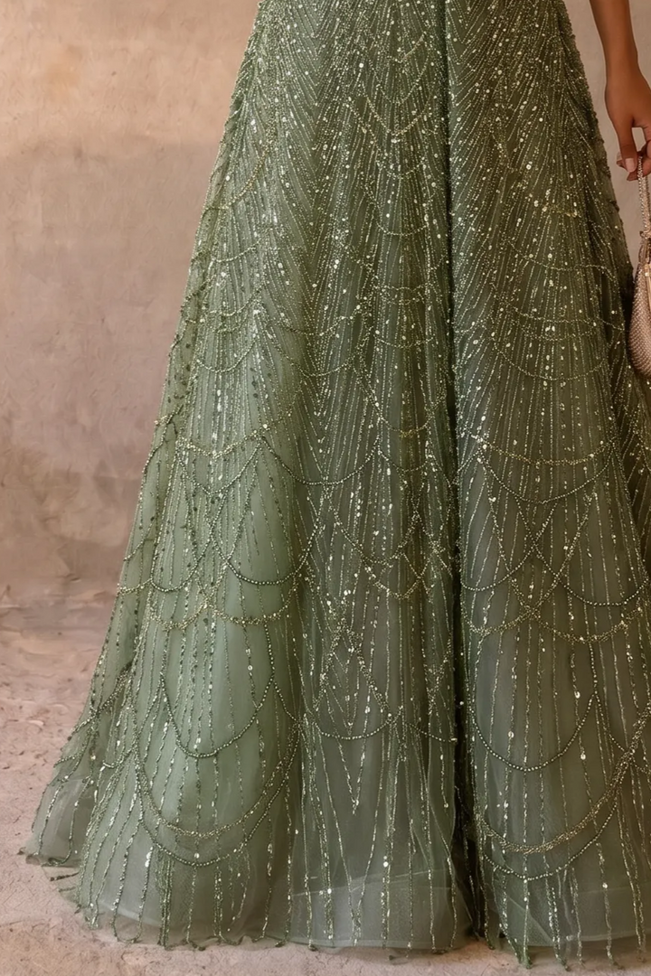 Sage Green A-Line Evening Gown with Off-the-Shoulder Neckline, Sheer Gloves and Hand-Beaded Embroidery – Formal Dress Plus Size
