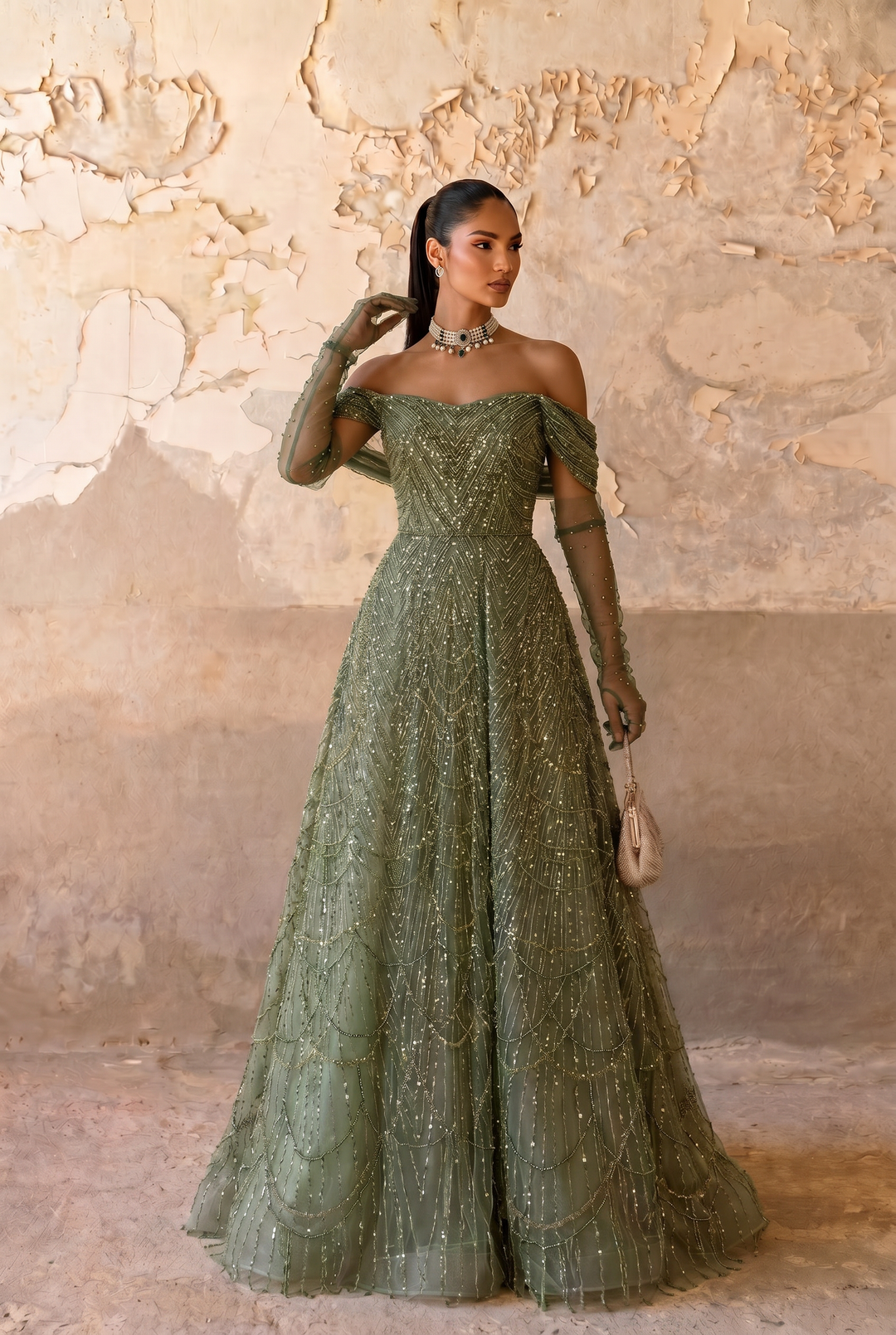 Sage Green A-Line Evening Gown with Off-the-Shoulder Neckline, Sheer Gloves and Hand-Beaded Embroidery – Formal Dress Plus Size