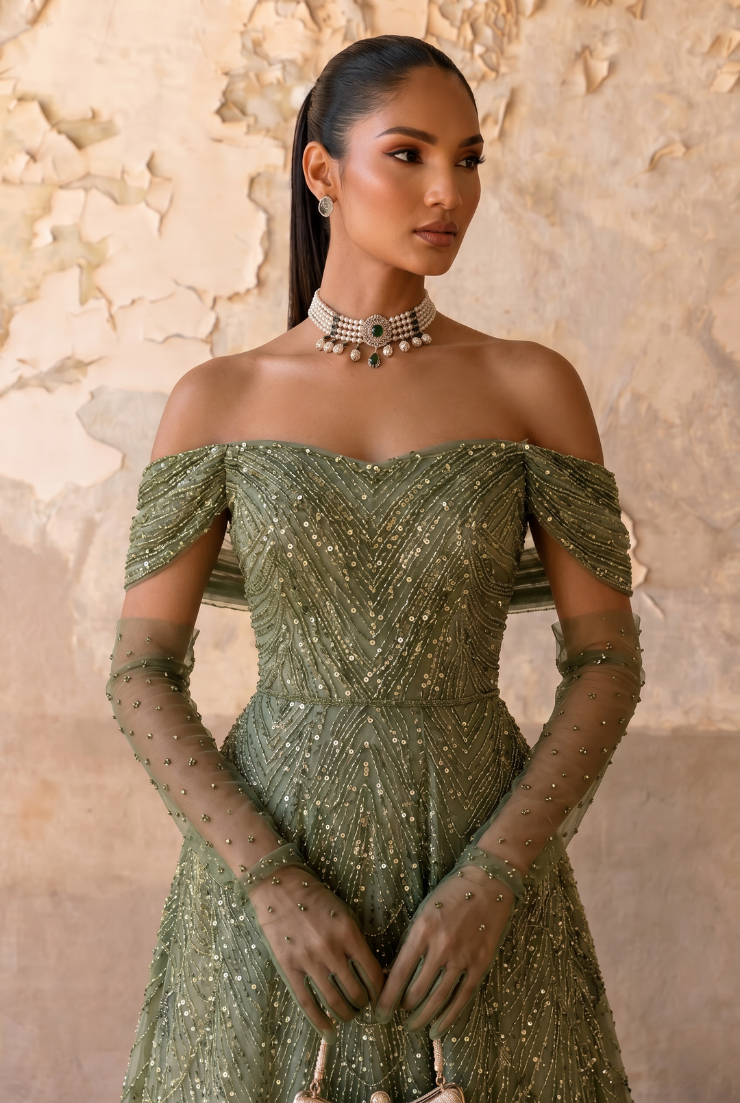 Sage Green A-Line Evening Gown with Off-the-Shoulder Neckline, Sheer Gloves and Hand-Beaded Embroidery – Formal Dress Plus Size
