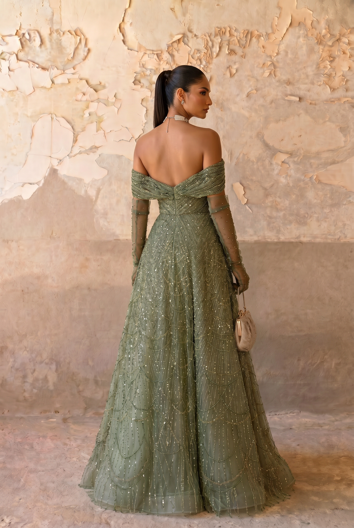 Sage Green A-Line Evening Gown with Off-the-Shoulder Neckline, Sheer Gloves and Hand-Beaded Embroidery – Formal Dress Plus Size