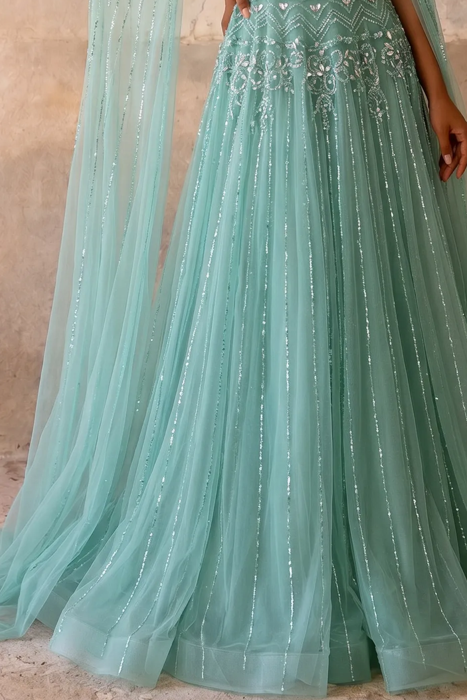 Mint Green A-Line Evening Gown with Square Neckline, Cape Sleeves and Hand-Beaded Embroidery Plus Size