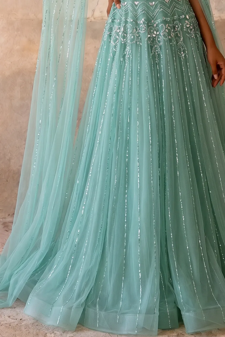 Mint Green A-Line Evening Gown with Square Neckline, Cape Sleeves and Hand-Beaded Embroidery Plus Size