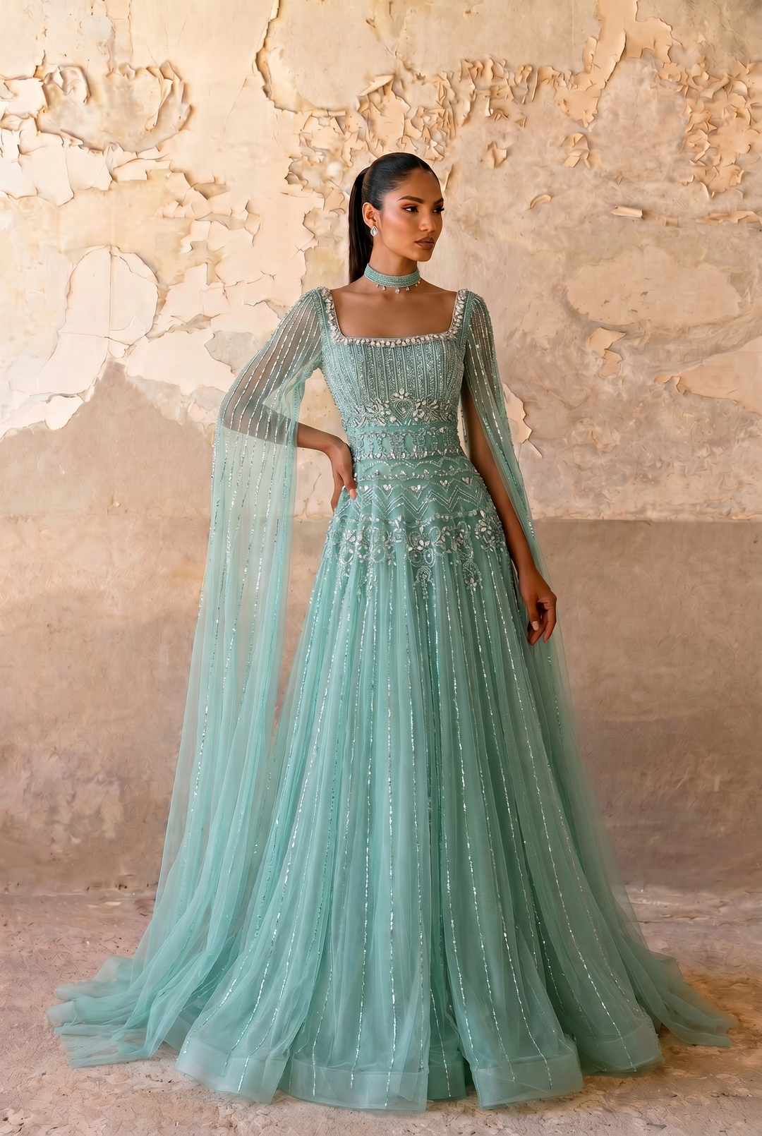 Mint Green A-Line Evening Gown with Square Neckline, Cape Sleeves and Hand-Beaded Embroidery Plus Size