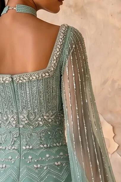Mint Green A-Line Evening Gown with Square Neckline, Cape Sleeves and Hand-Beaded Embroidery Plus Size