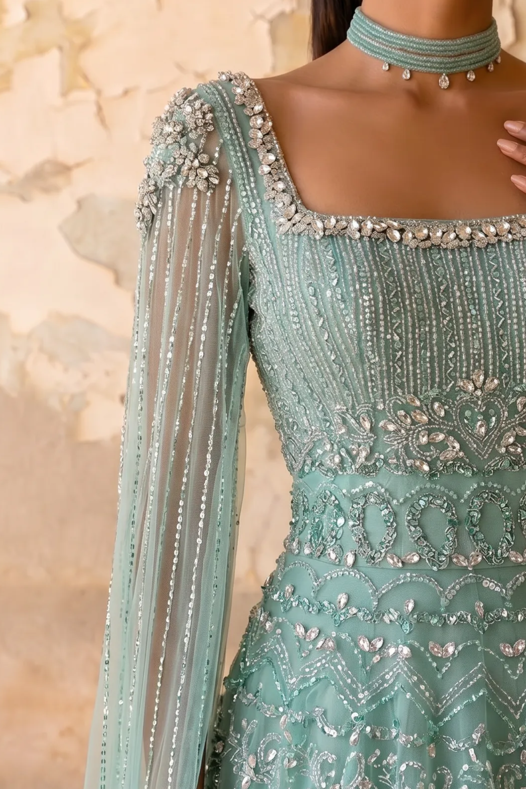 Mint Green A-Line Evening Gown with Square Neckline, Cape Sleeves and Hand-Beaded Embroidery Plus Size
