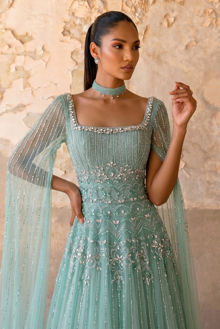 Mint Green A-Line Evening Gown with Square Neckline, Cape Sleeves and Hand-Beaded Embroidery Plus Size
