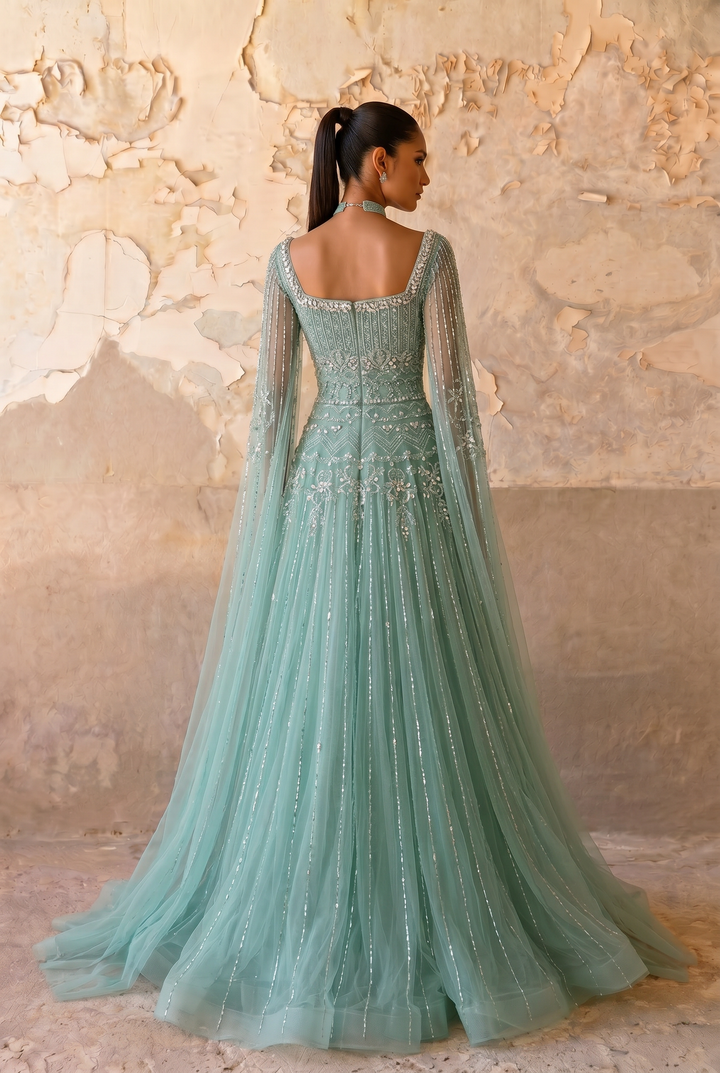 Mint Green A-Line Evening Gown with Square Neckline, Cape Sleeves and Hand-Beaded Embroidery Plus Size