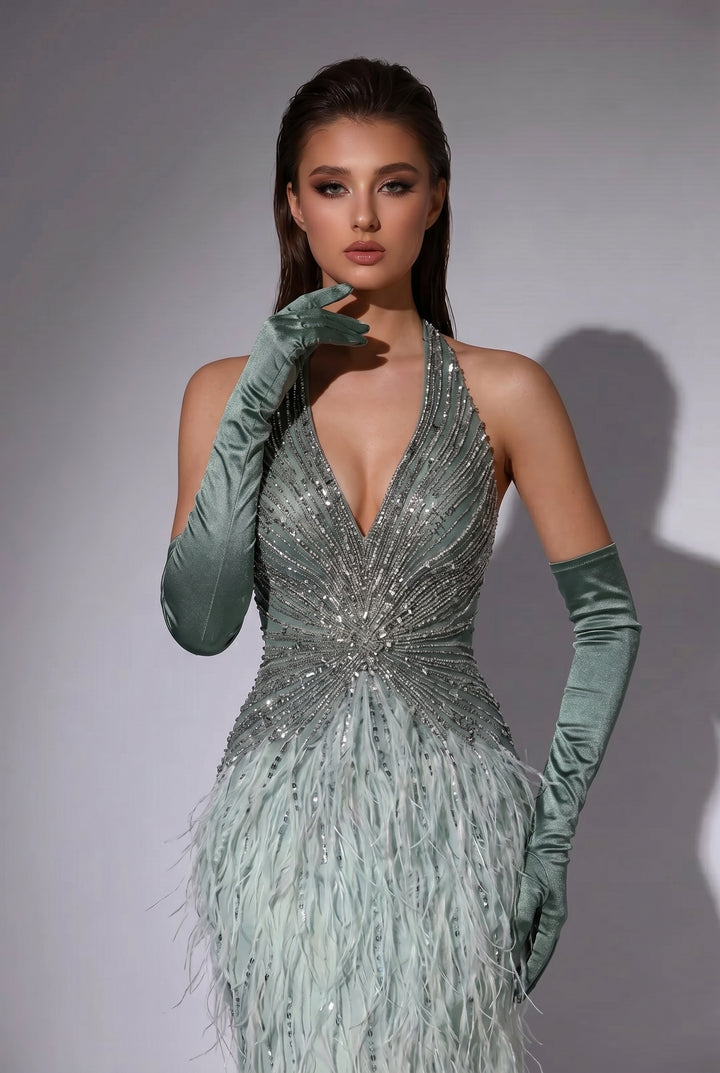 Sage Green Feather Evening Gown with Halter Neck, Crystal Beading and Matching Opera Gloves – Formal Dress Plus Size