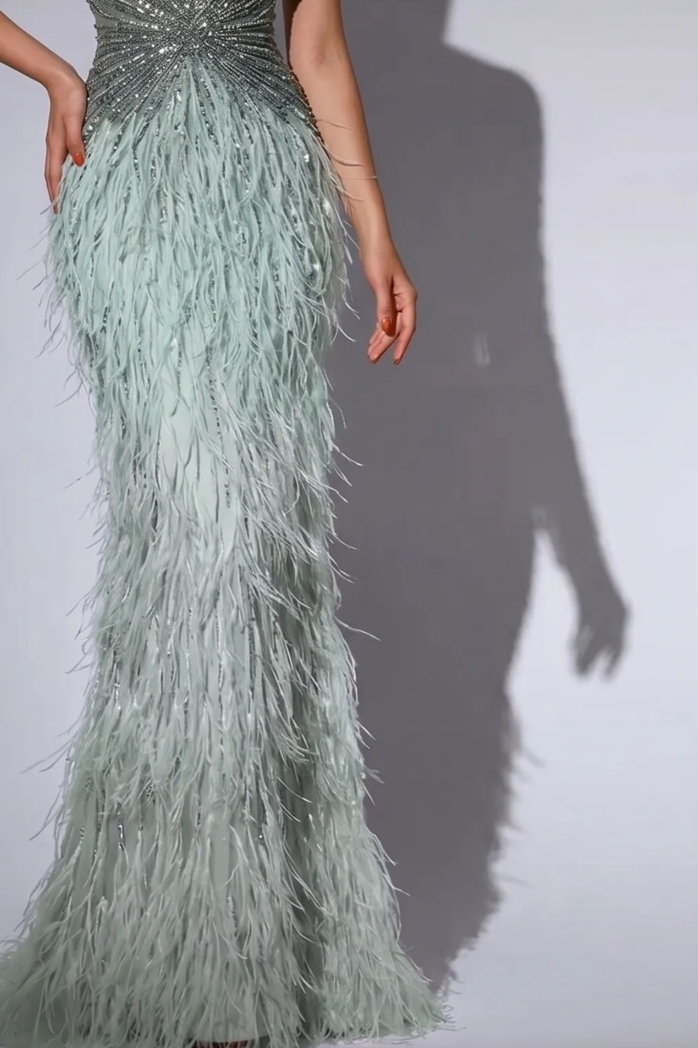 Sage Green Feather Evening Gown with Halter Neck, Crystal Beading and Matching Opera Gloves – Formal Dress Plus Size
