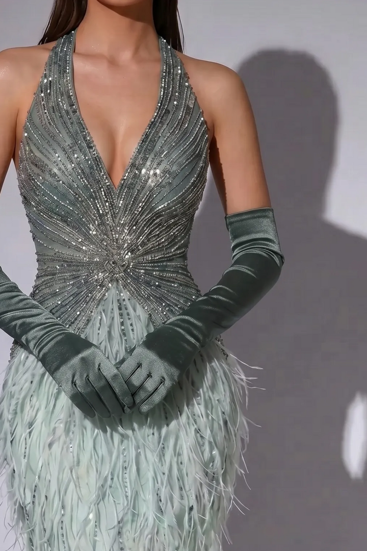 Sage Green Feather Evening Gown with Halter Neck, Crystal Beading and Matching Opera Gloves – Formal Dress Plus Size