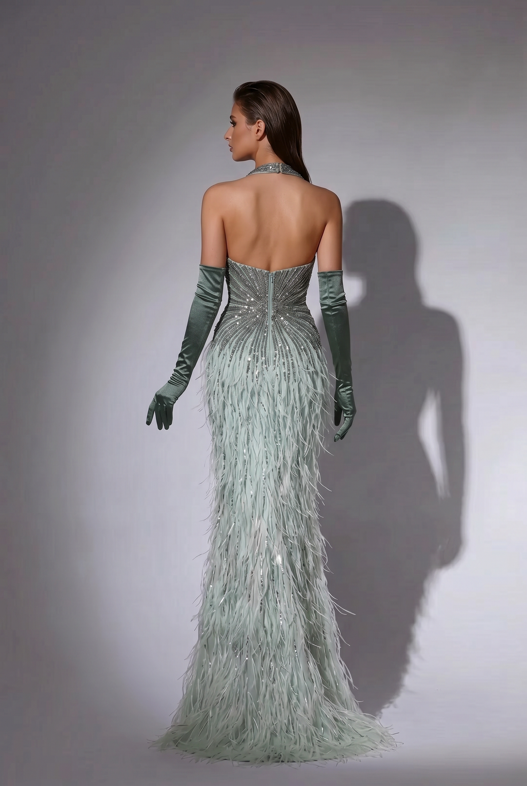 Sage Green Feather Evening Gown with Halter Neck, Crystal Beading and Matching Opera Gloves – Formal Dress Plus Size