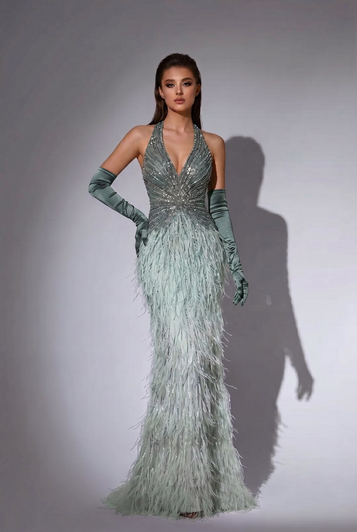 Sage Green Feather Evening Gown with Halter Neck, Crystal Beading and Matching Opera Gloves – Formal Dress Plus Size