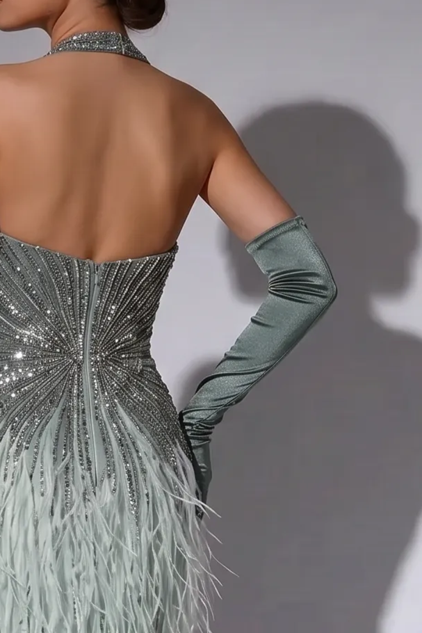 Sage Green Feather Evening Gown with Halter Neck, Crystal Beading and Matching Opera Gloves – Formal Dress Plus Size