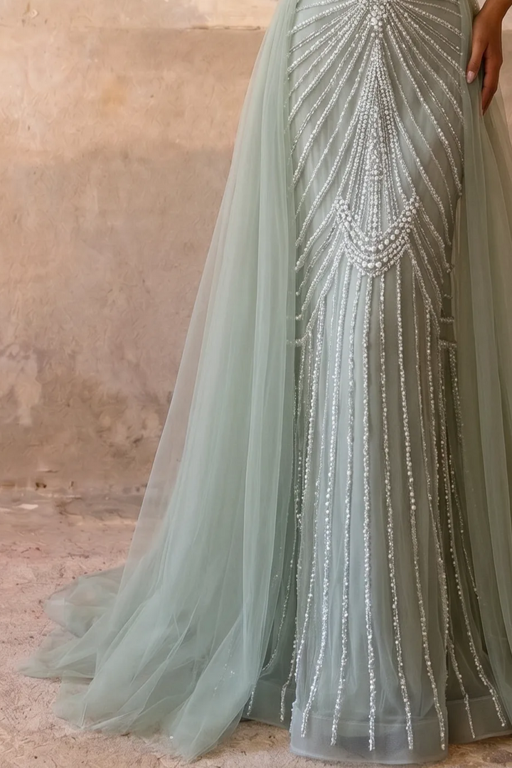 Sage Green Mermaid Evening Gown with Detachable Tulle Overskirt, Hand-Beaded Corset and Pearl Fringe Sleeves Plus Size