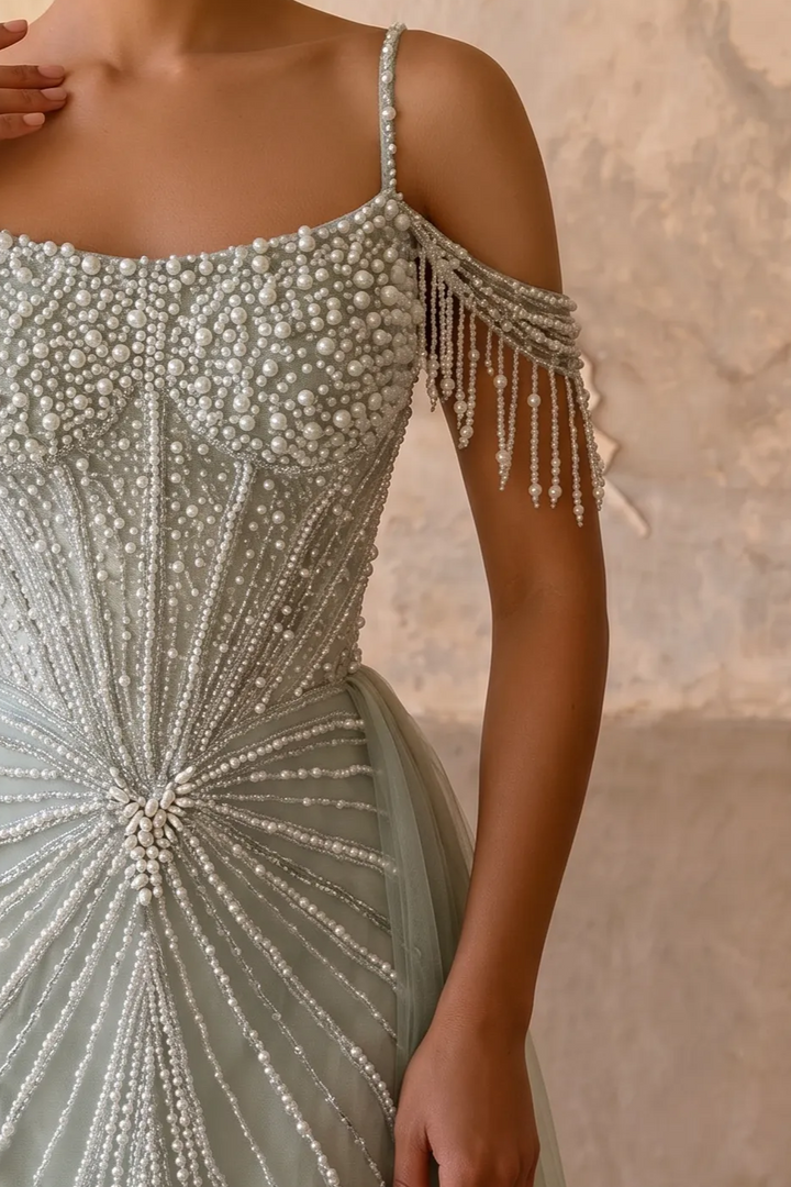 Sage Green Mermaid Evening Gown with Detachable Tulle Overskirt, Hand-Beaded Corset and Pearl Fringe Sleeves Plus Size