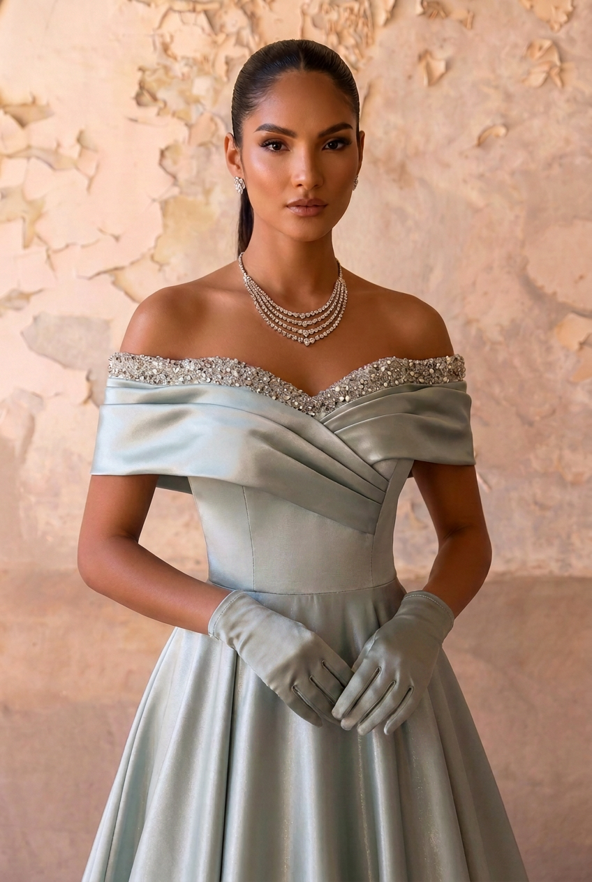 Sage Green Off-the-Shoulder Satin Ball Gown with Crystal Neckline and Corset Back – Luxury Formal Evening Dress Plus Size