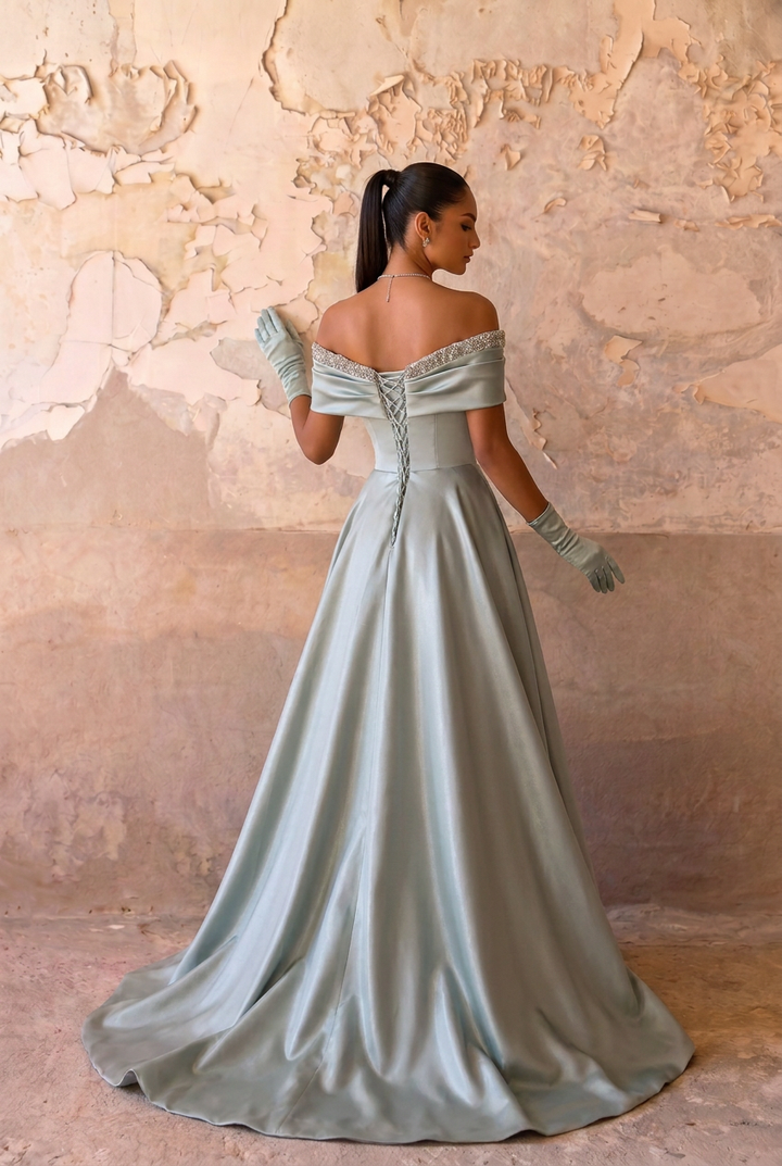 Sage Green Off-the-Shoulder Satin Ball Gown with Crystal Neckline and Corset Back – Luxury Formal Evening Dress Plus Size