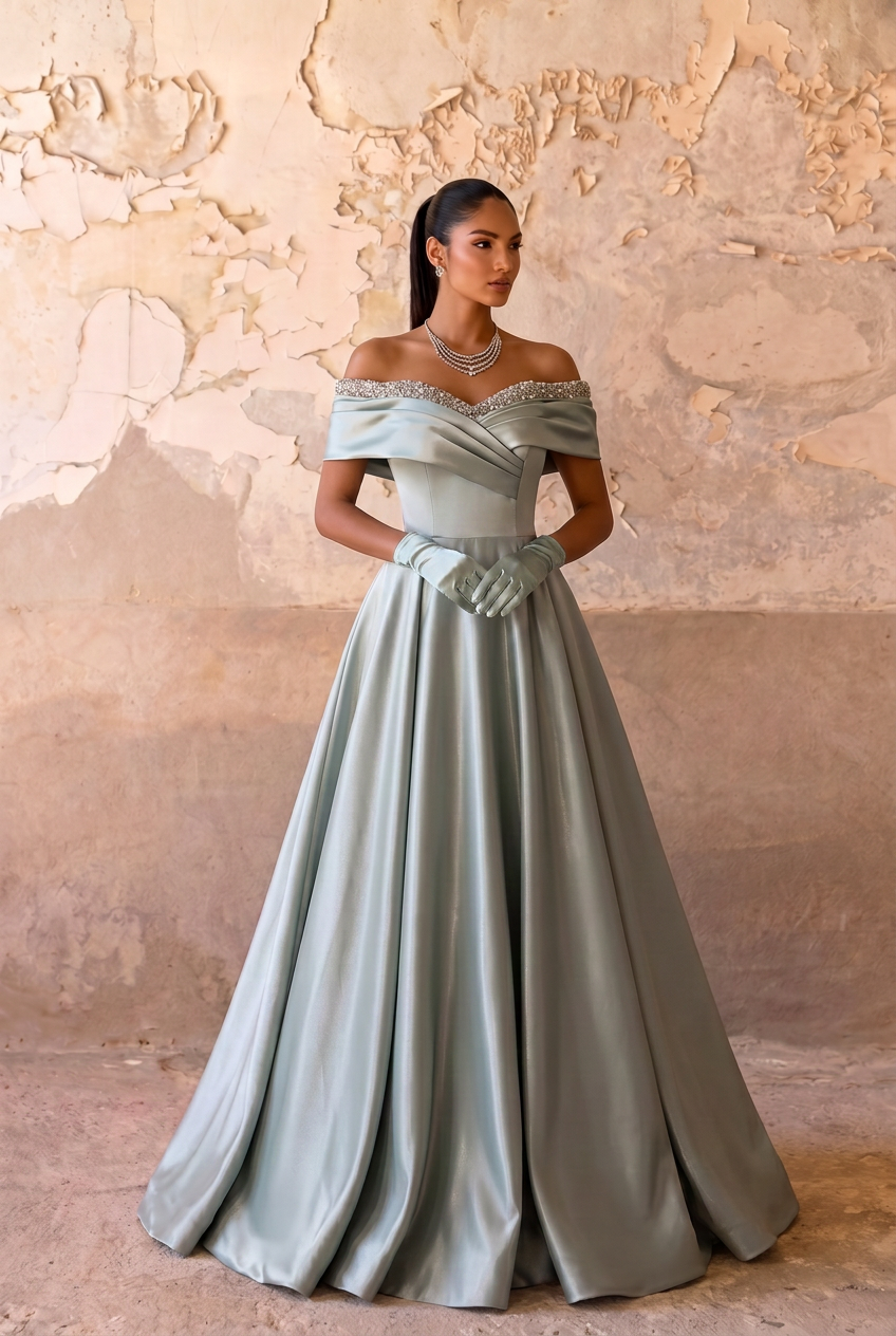 Sage Green Off-the-Shoulder Satin Ball Gown with Crystal Neckline and Corset Back – Luxury Formal Evening Dress Plus Size