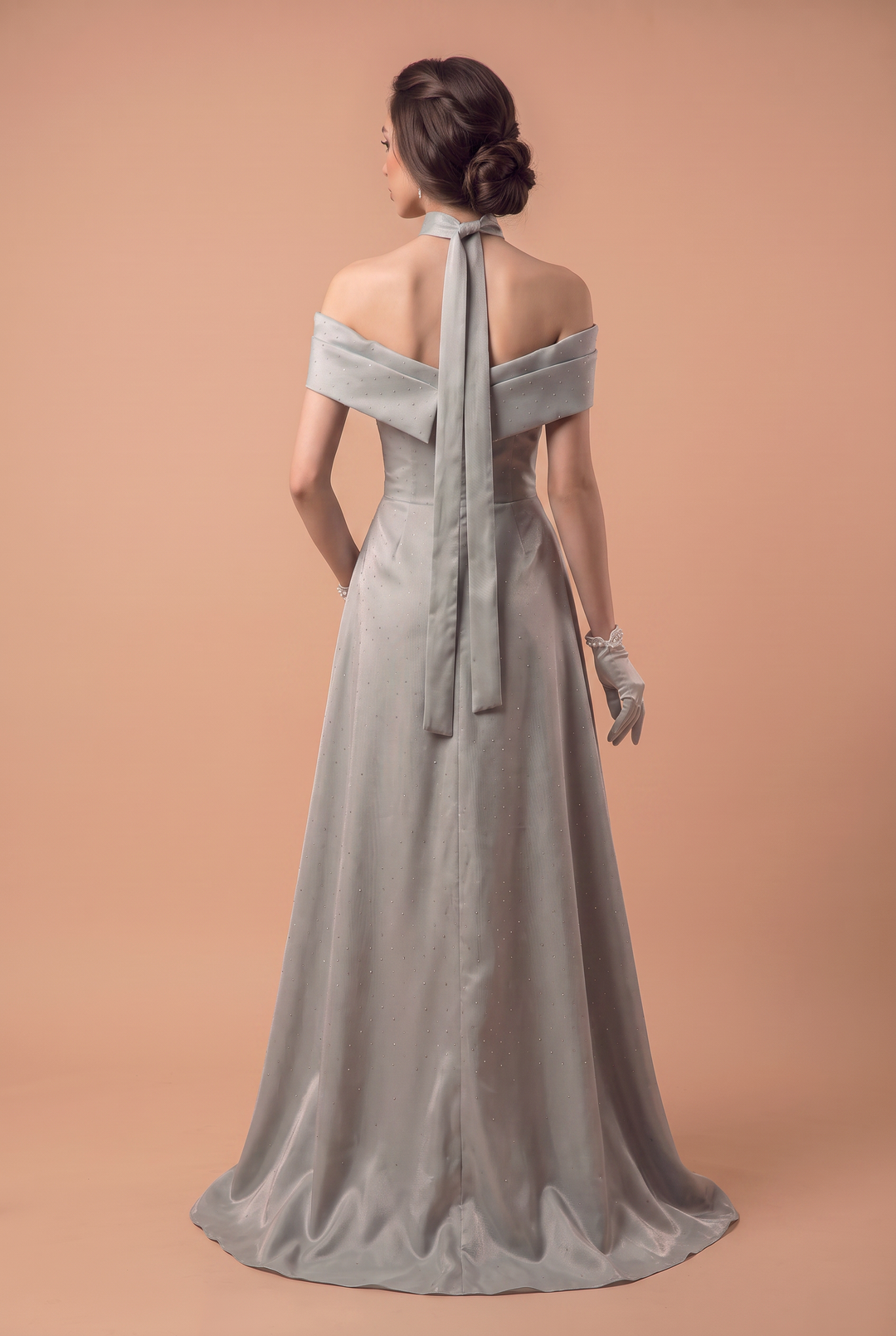 Sage Green Off-the-Shoulder Satin Gown with Floral Embroidery and Choker – Vintage Inspired Formal Evening Dress Plus Size