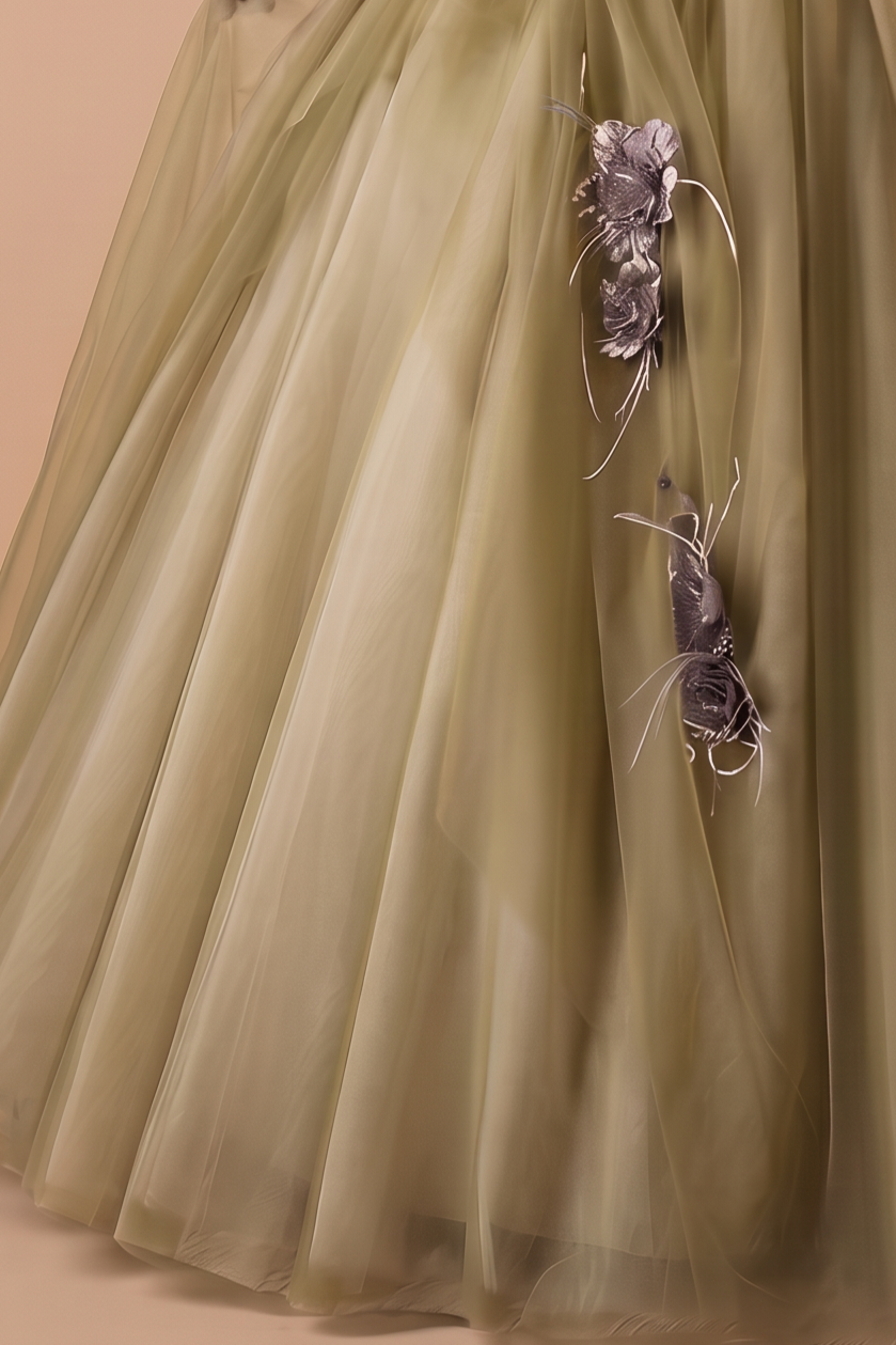 Sage Green Ball Gown -  Off-the-Shoulder Ball Gown with Flower Accessories - Wedding Dress with Sweetheart Neckline and Corset Back Plus Size
