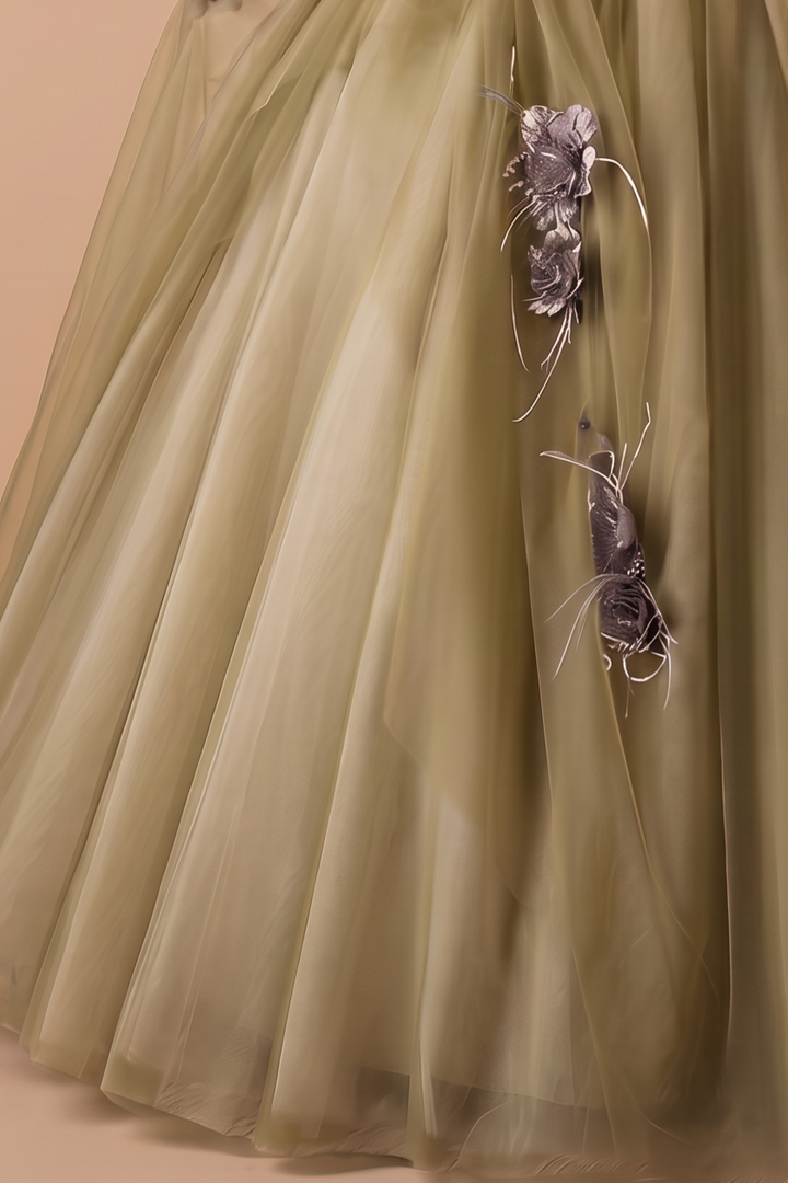 Sage Green Ball Gown -  Off-the-Shoulder Ball Gown with Flower Accessories - Wedding Dress with Sweetheart Neckline and Corset Back Plus Size