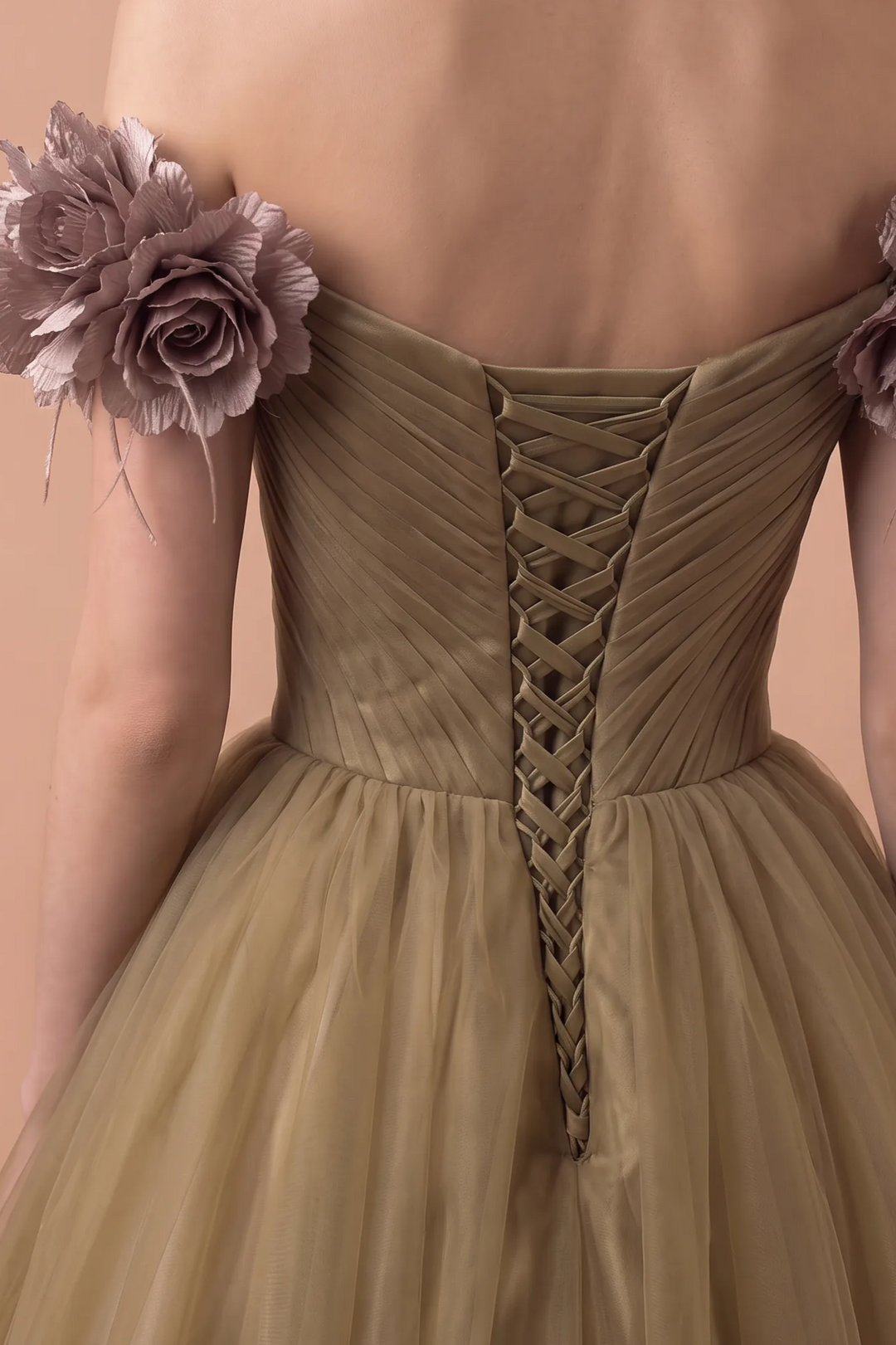 Sage Green Ball Gown -  Off-the-Shoulder Ball Gown with Flower Accessories - Wedding Dress with Sweetheart Neckline and Corset Back Plus Size
