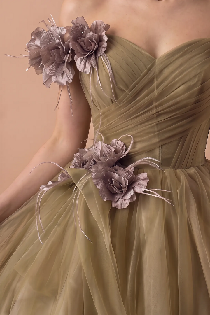 Sage Green Ball Gown -  Off-the-Shoulder Ball Gown with Flower Accessories - Wedding Dress with Sweetheart Neckline and Corset Back Plus Size