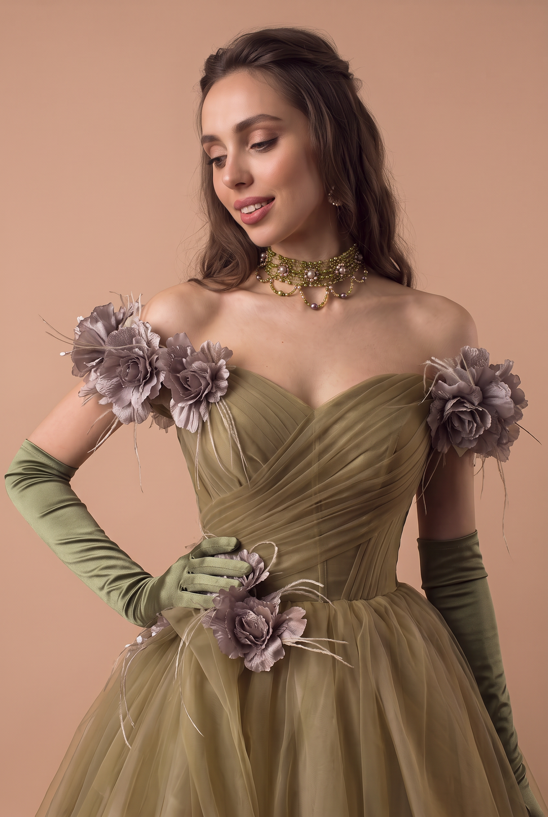 Sage Green Ball Gown -  Off-the-Shoulder Ball Gown with Flower Accessories - Wedding Dress with Sweetheart Neckline and Corset Back Plus Size